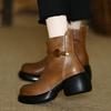 Retro soft leather medium heel boots women's 2025 autumn and winter new thick heel thick sole round head fashion boots versatile velvet leather boots