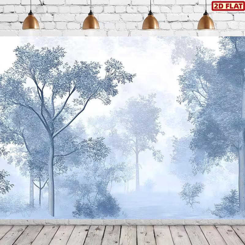 2D Misty Blue Forest Tapestry Foggy Winter Trees in Soft Blue Tones Wall Hanging 47.2x31.5inch/120*80cm