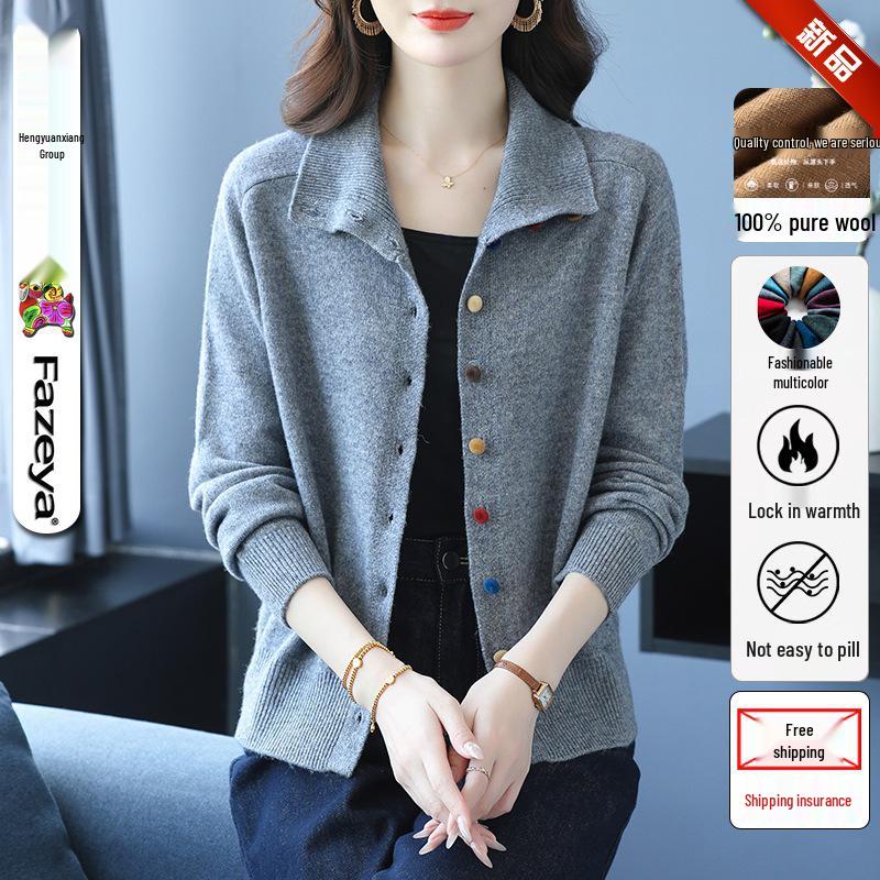 100% Reine Wolle Umlegekragen Damen Strick-Cardigan - Herbstmode Kurze Jacke