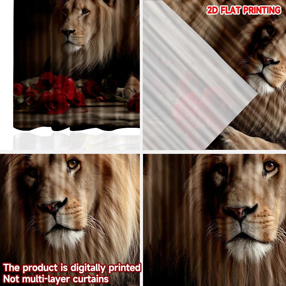 Set Of 2 Lion Red Roses Curtains Digital Printing Majestic Animal Portrait Dark Background Bedroom Living Room Decor Curtain Polyester Ideal For Great