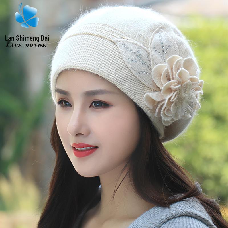 

Женский вязаный шерстяной берет из кроличьего меха в корейском стиле с защитой ушей - толстый теплый бархат для осени и зимы Adult One Size (56-60cm)