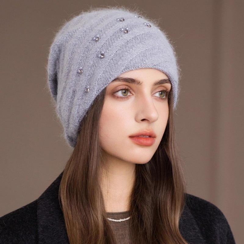 Women S Double Layer Knit Hat Warm Winter Beanie Pearl Glitter Rabbit Hair Blend