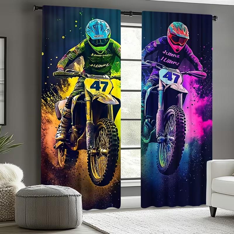 2 Stück bunte Motorrad-Print-Vorhänge, geeignet für Schlafzimmer-, Wohnzimmer-, Küchen-Dekoration, Heimdekoration, Vorhänge für Schlafzimmer