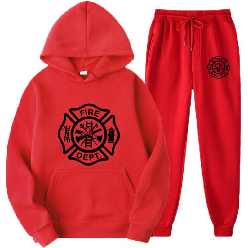 Fire Rescue Firefighter Solid Color Tracksuit Men Set New Casual Men's Hoodies + Pants Two-Piece Tracksuit Sportswear Set Unisex