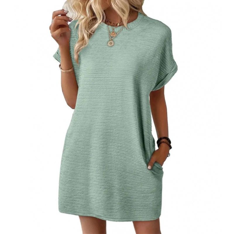 

2026 Summer Loose Round Neck Pocket Short Sleeve Dress for Women Medium світло-зелений колір