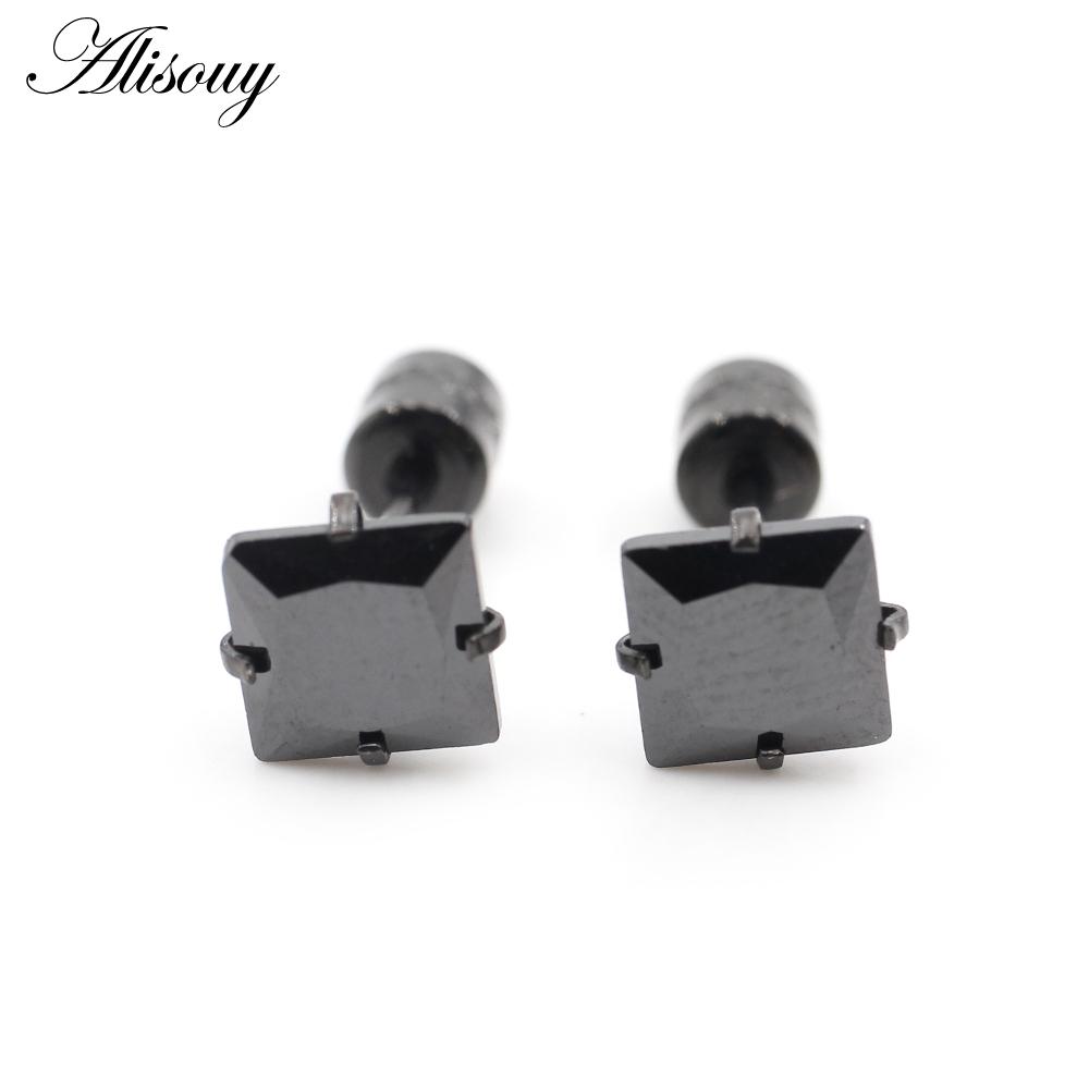Alisouy 2 bucăți din oțel inoxidabil 4 dinte pătrat zircon CZ femei bărbați fată ureche stud cartilaj șurub cercei piercing bijuterii