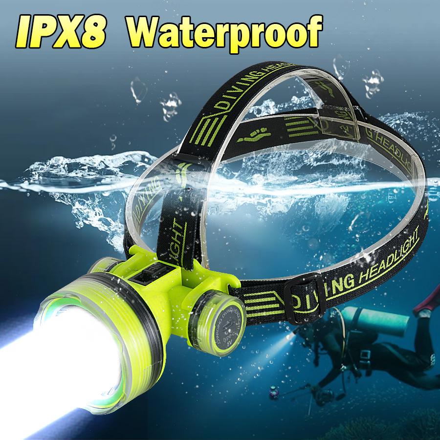 Newest Professional Diving Headlight Rechargeable Underwater Lantern IPX8 Waterproof Super Bright Diver Spearfishing Headlamp