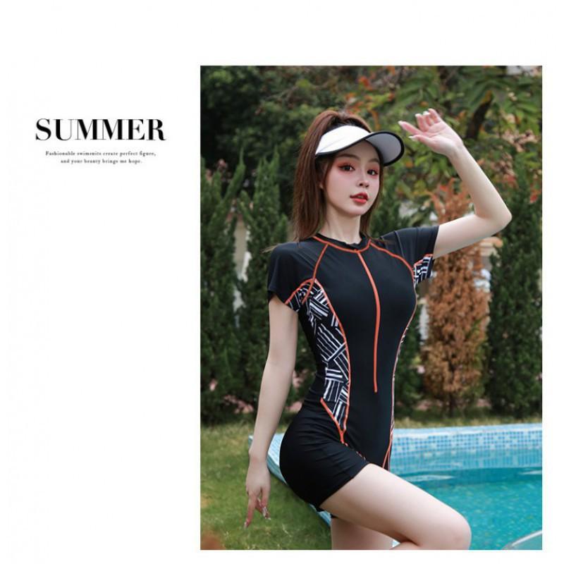 Simple Slim Slimming Short-sleeved High-necked One-piece Boxer Swimsuit Women's Zipper Surfing Diving Suit Plus Fat Large Size