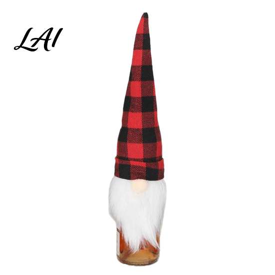 Flexible Plaid Fabric Covers Christmas Wine Bottle Cover Fluffy Artificial Beards Decor Gnome Seasonal Accessories Toppers for Holiday Table