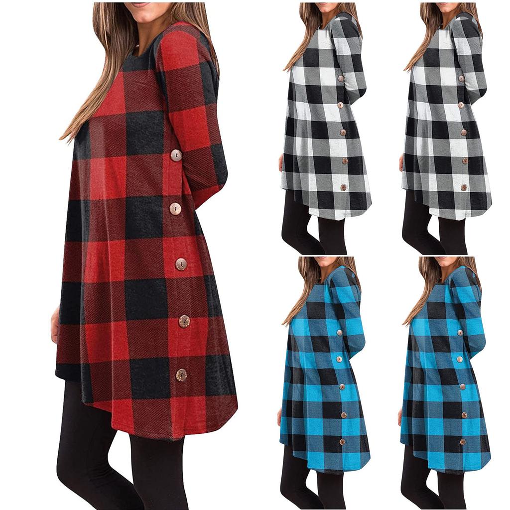 Buy Fashion Women's Autumn ONeck Plaid Printing Loose Comfy Long