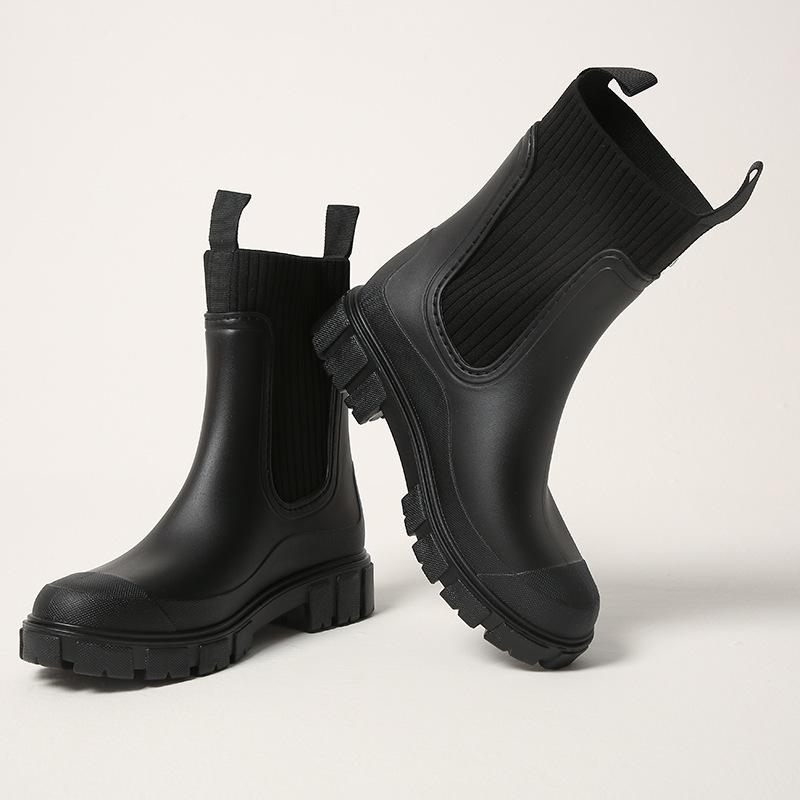Mittelhohe Regenstiefel mit elastischem Schaft für Damen, Chelsea-Stil, wasserdicht, rutschfest und abriebfest, für den Außenbereich, modische Camping-Regenstiefel