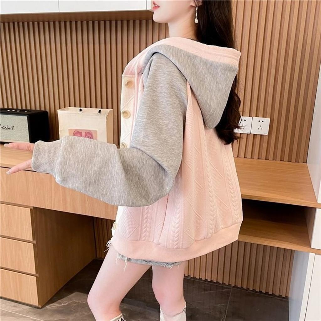 Color Blocked Hooded Jacket for Women In Plus Size, Spring and Autumn New Thin, Medium and Long Single Breasted Patchwork Hoodie for Women