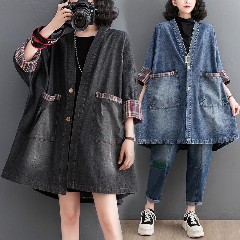 Vintage V-neck Pocket Denim Jacket - Women s Oversized Mid-length Trench for Autumn Extra Large