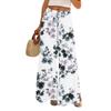 Women's Casual Wide Leg Pants Stretch Belt Pocket Floral Print Adjustable Tie Pants