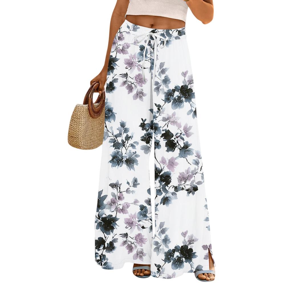 Women's Casual Wide Leg Pants Stretch Belt Pocket Floral Print Adjustable Tie Pants
