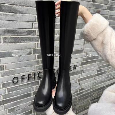 Rindsleder Dicksohlige Kleine Mittelhohe Stiefel Elastische Ritterstiefel Damen Herbst und Winter Leder Hohe Stiefel