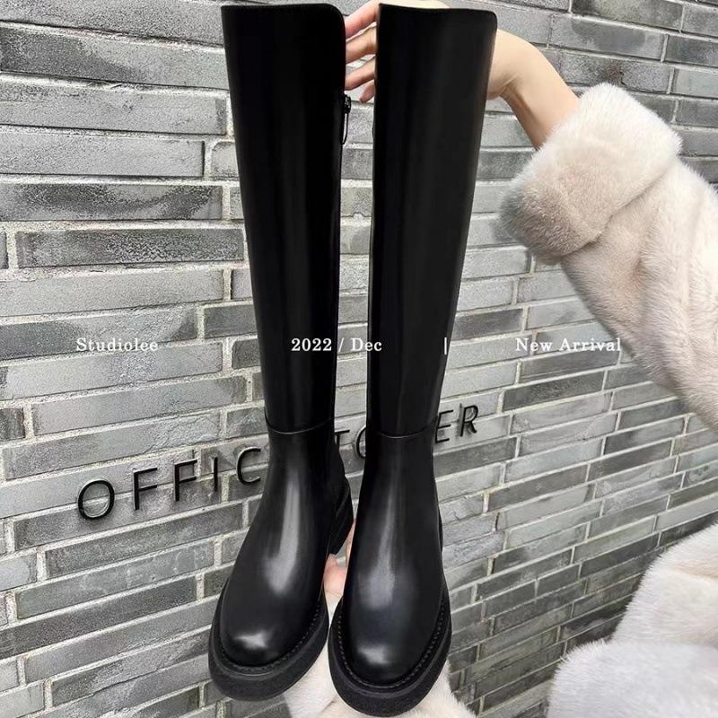 Cowhide Thick-soled Small Medium-length Boots Elastic Knight Boots Women's Autumn and Winter Leather High Boots