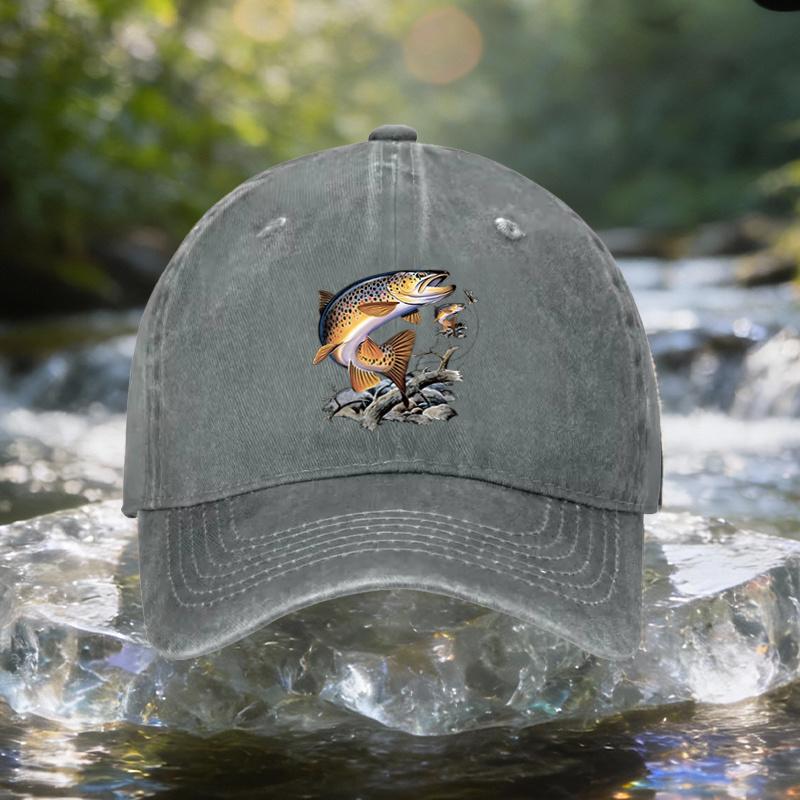 1pc Four Seasons Retro Washed Baseball Cap For Men Women Jumping Trout Fishing Print Black Outdoor Camping Hat