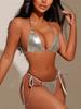 Damen Badeanzug Silber Neckholder Dreieck Tasche Sexy Rückenfrei Seitlich Binden Bikini Beachwear Badeanzüge