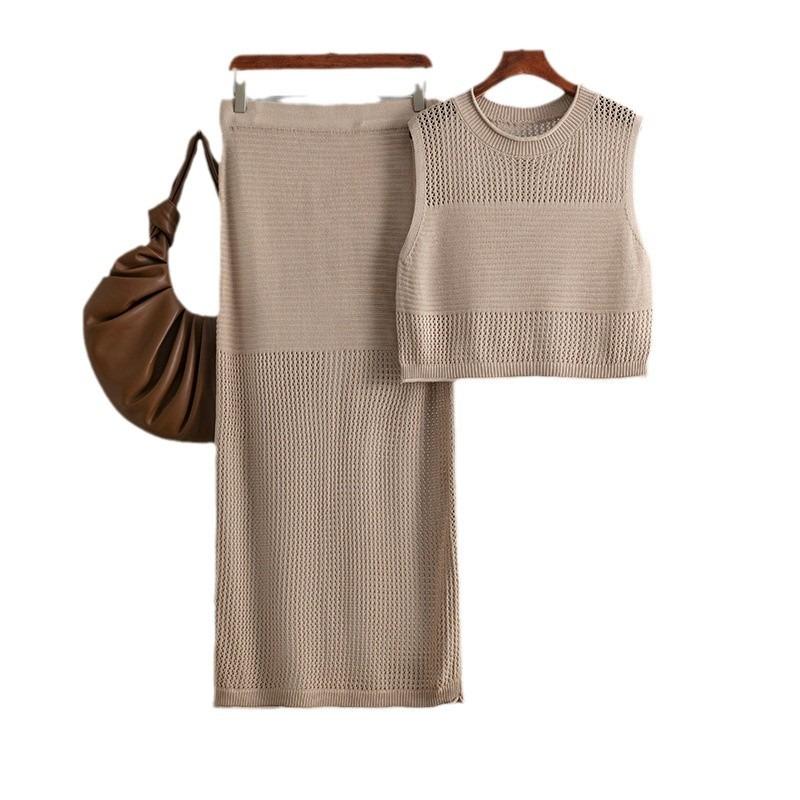 Slim-fit hollow sleeveless vest set, summer new knitted slit skirt two-piece set