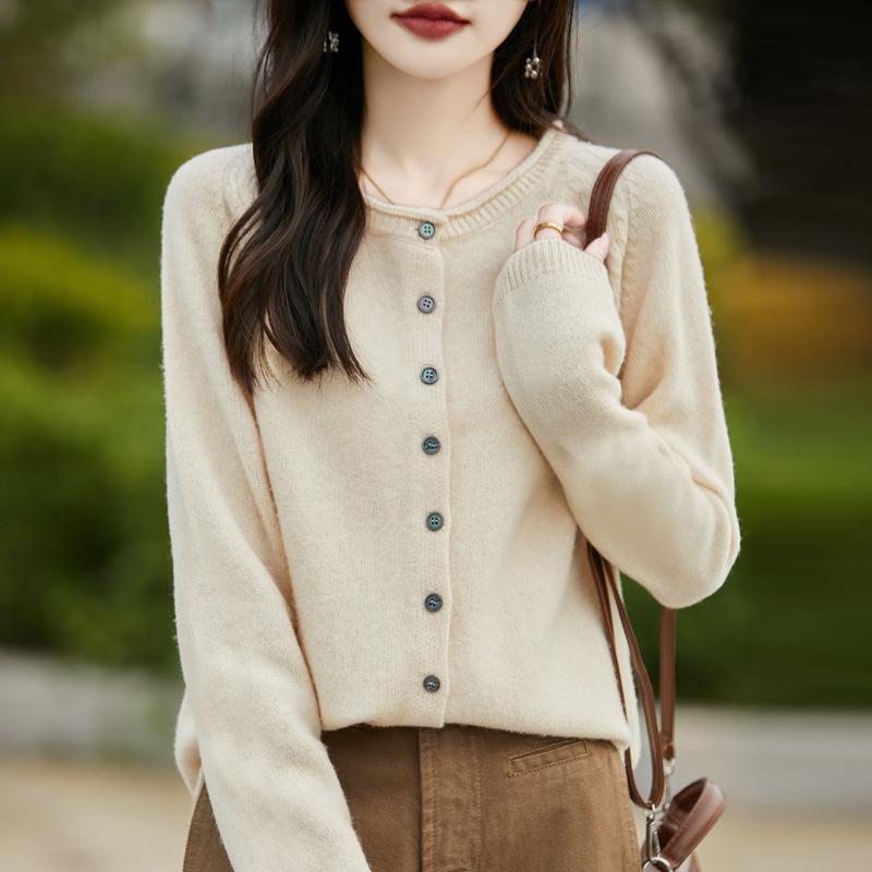 Women's Loose Fit Wool Cardigan - Solid Color, Round Neck, Rolled Hem, Casual Korean Style