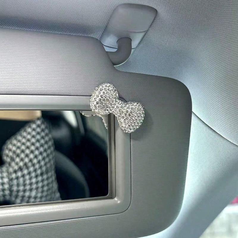 1pc Car Interior Decor DIY Rhinestone Bow Leopard Print Makeup Mirror Decor, Cute Ins Style, Multiple Options