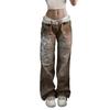 Women Jeans Mid Waist Irregular Individual Printing Retro Style Straight Wide Leg Patchwork Full Length Trousers for Vacation Travel