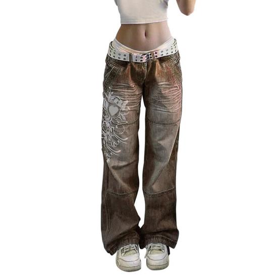 Women Jeans Mid Waist Irregular Individual Printing Retro Style Straight Wide Leg Patchwork Full Length Trousers for Vacation Travel