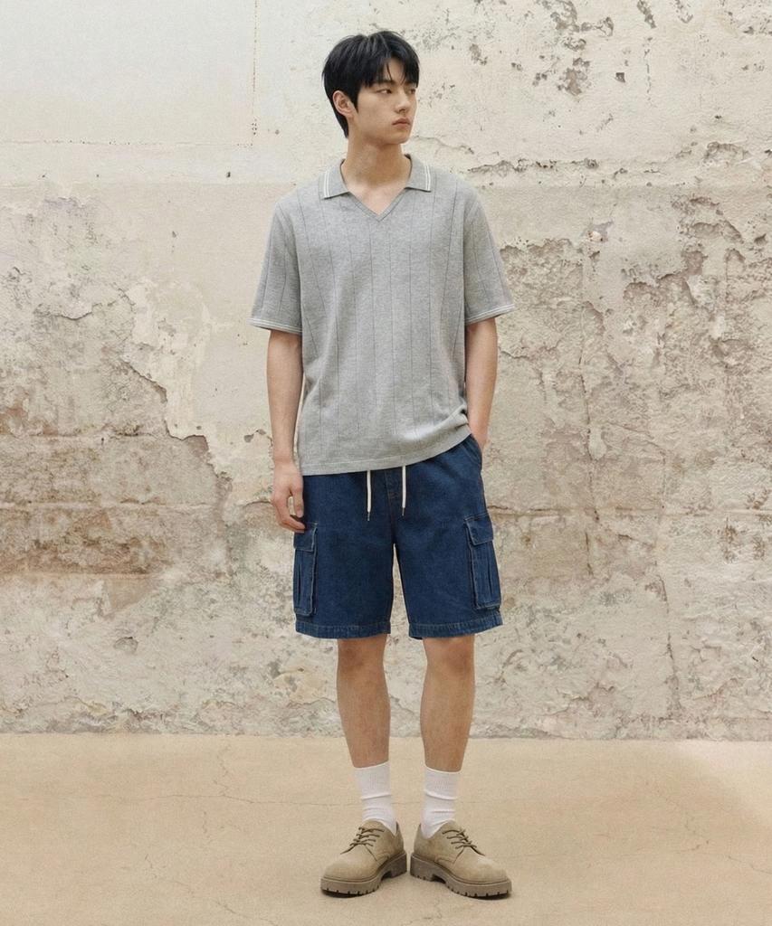 AGOD V-Neck Collared Short-Sleeve Shirt Knit [Heather Grey]