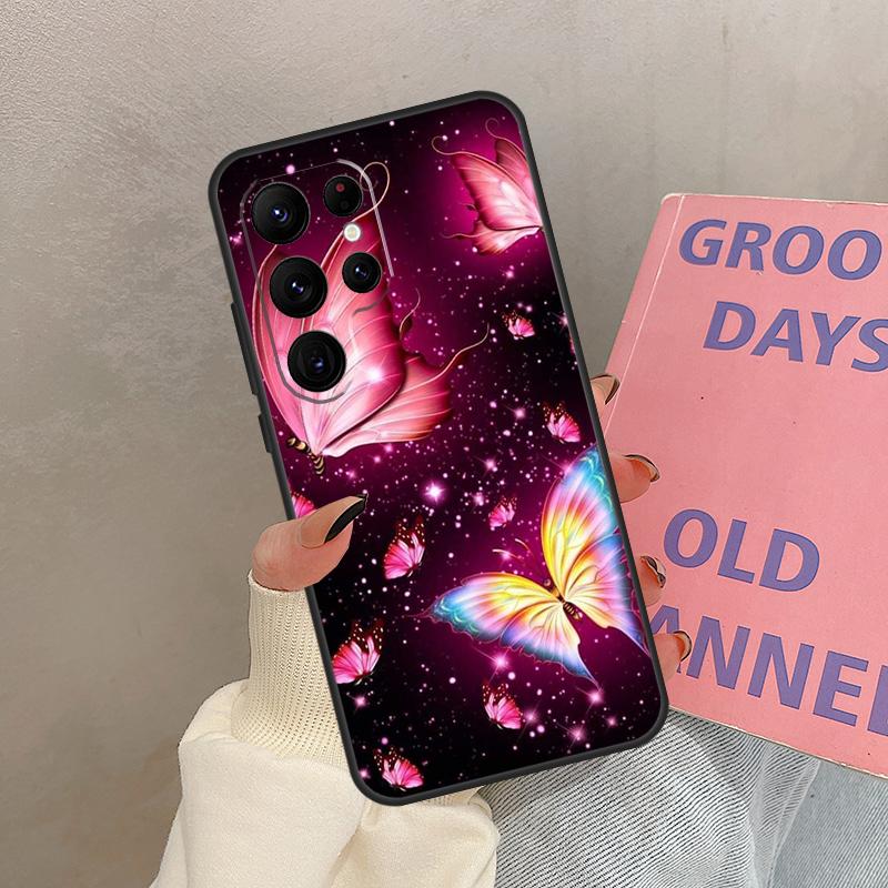 Black Beautiful Butterfly Case For Samsung Galaxy S24 Ultra S20 S21 S22 S23 S25 Ultra S9 S10 Plus S25 FE Cover Coque