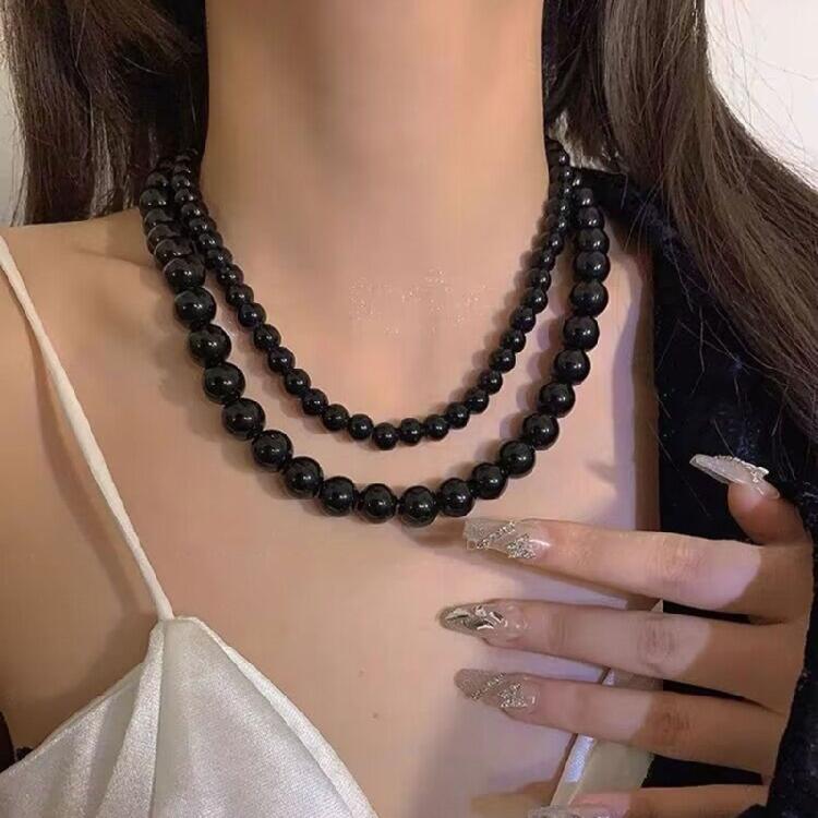 Strands Necklace Black Pearls Necklace Round Imitation Pearl Choker Clavicle