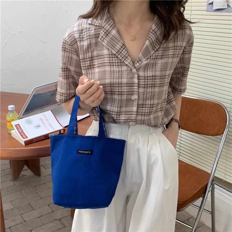 Versatile Double-sided Checkered Canvas Bag Stylish Handheld Tote For Students