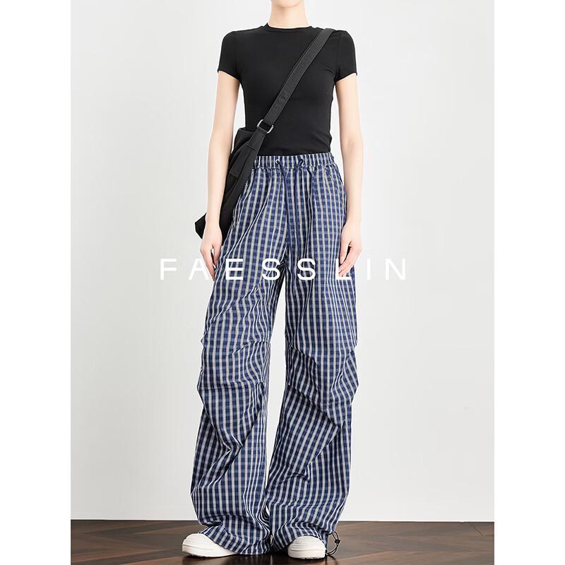 FAESSLIN Men s Navy Plaid Wide-Leg Cargo Pants L Normal