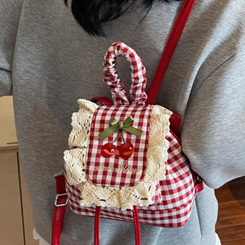 Foreign Style Girl Commuter Backpack, Portable Drawstring Lid, Contrasting Color Plaid, College Style Schoolbag, Texture Embroidery Backpack.
