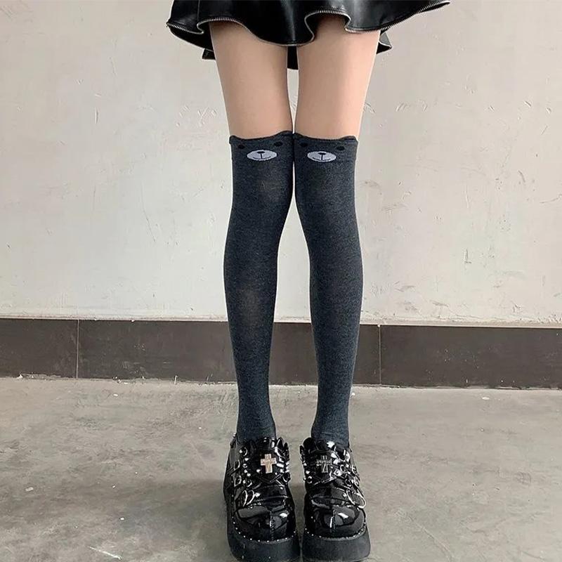 Harajuku Autumn Winter Lolita Kawaii Bear Socks for Woman Cartoon Cat Black Grey Thigh High Stockings Student Long Sock Hosiery