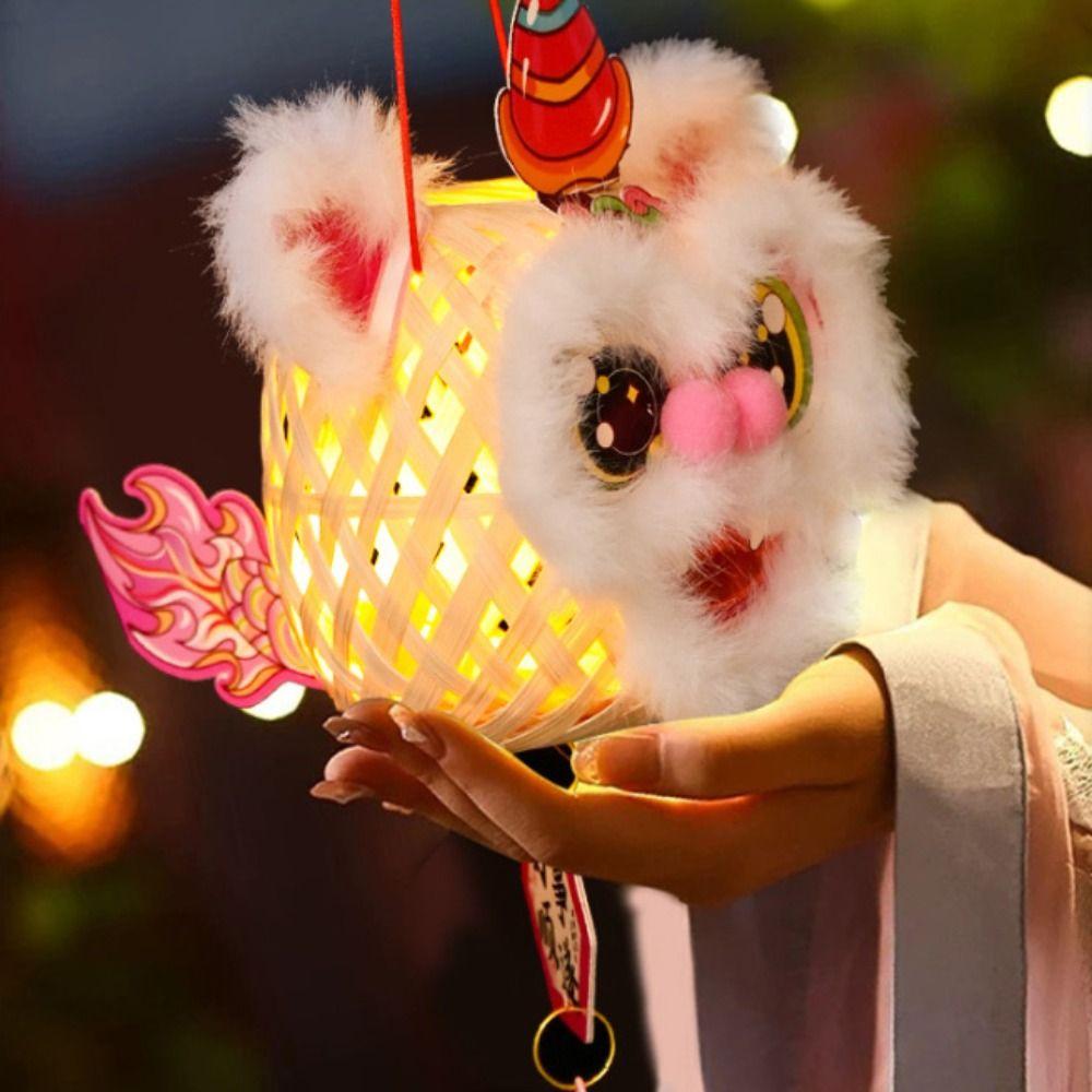Cartoon Lion Dance Lantern Bamboo Glowing DIY Lantern Kit with Bells Ancient Style Handheld Lantern Chinese Spring Festival