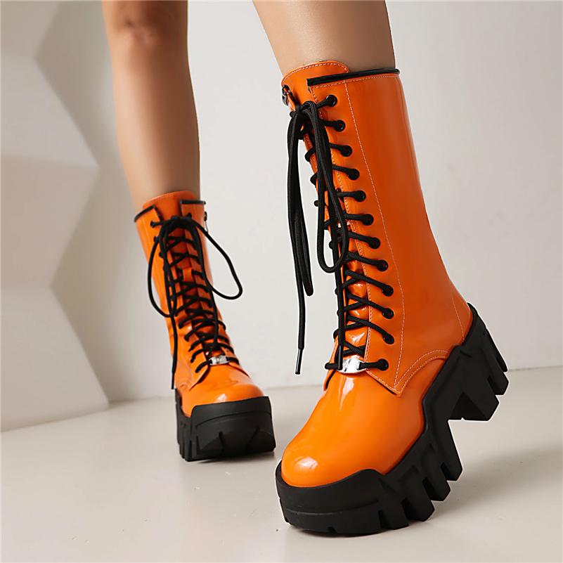 Meotina Women Ankle Boots Round Toe Chunky High Heels Lace-up Zipper Platform Short Boots Ladies Fashion Shoes Winter Yellow 44