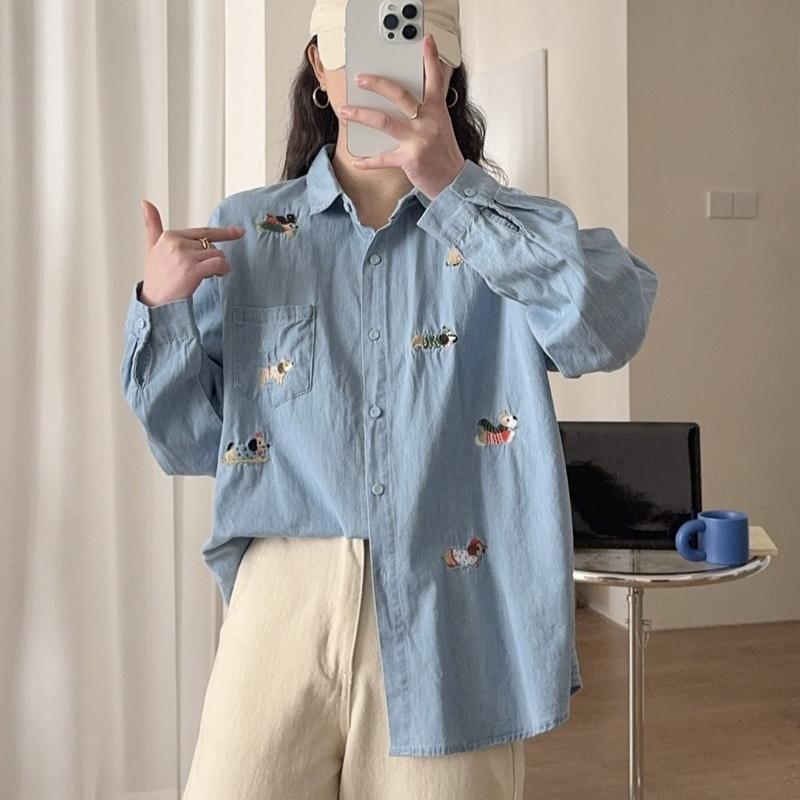 Haftowana koszula z długim rękawem z spranego dżinsu, damska, wiosenna i jesienna, uroczy jednorzędowy kardigan z dżinsu
