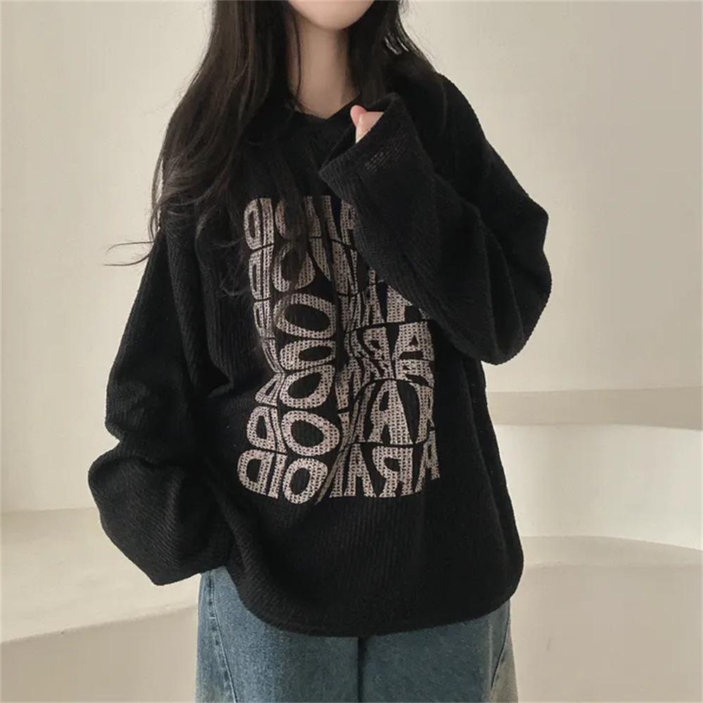 Women's Korean Style Waffle Hoodie - Casual Loose Fit, Autumn/Winter, Plus Velvet