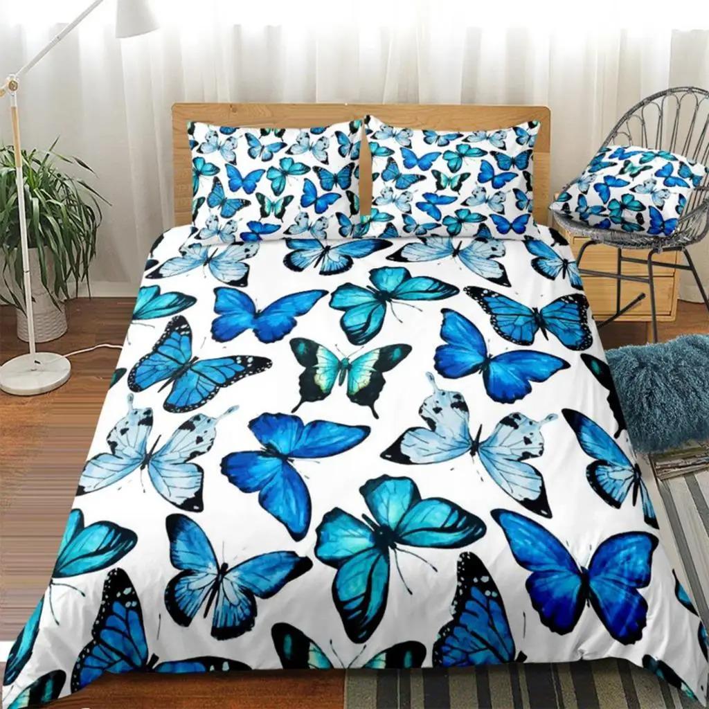 

3 Pieces Watercolor Butterflies Duvet Cover Set Blue Butterfly Bed Set White Bedding Kids Girls Quilt Cover Queen Dropship 70x133cm 2pcs