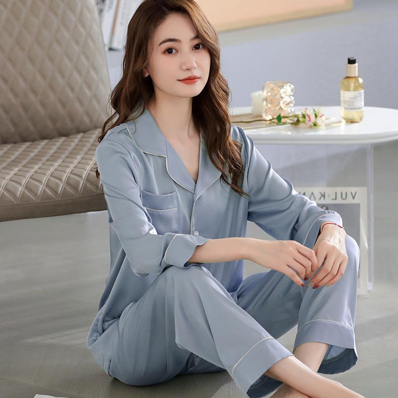 Solid Color Simple Pajamas Women'S Spring Summer New Casual Long-Sleeved Trousers Ice Silk Loungewear Two-Piece