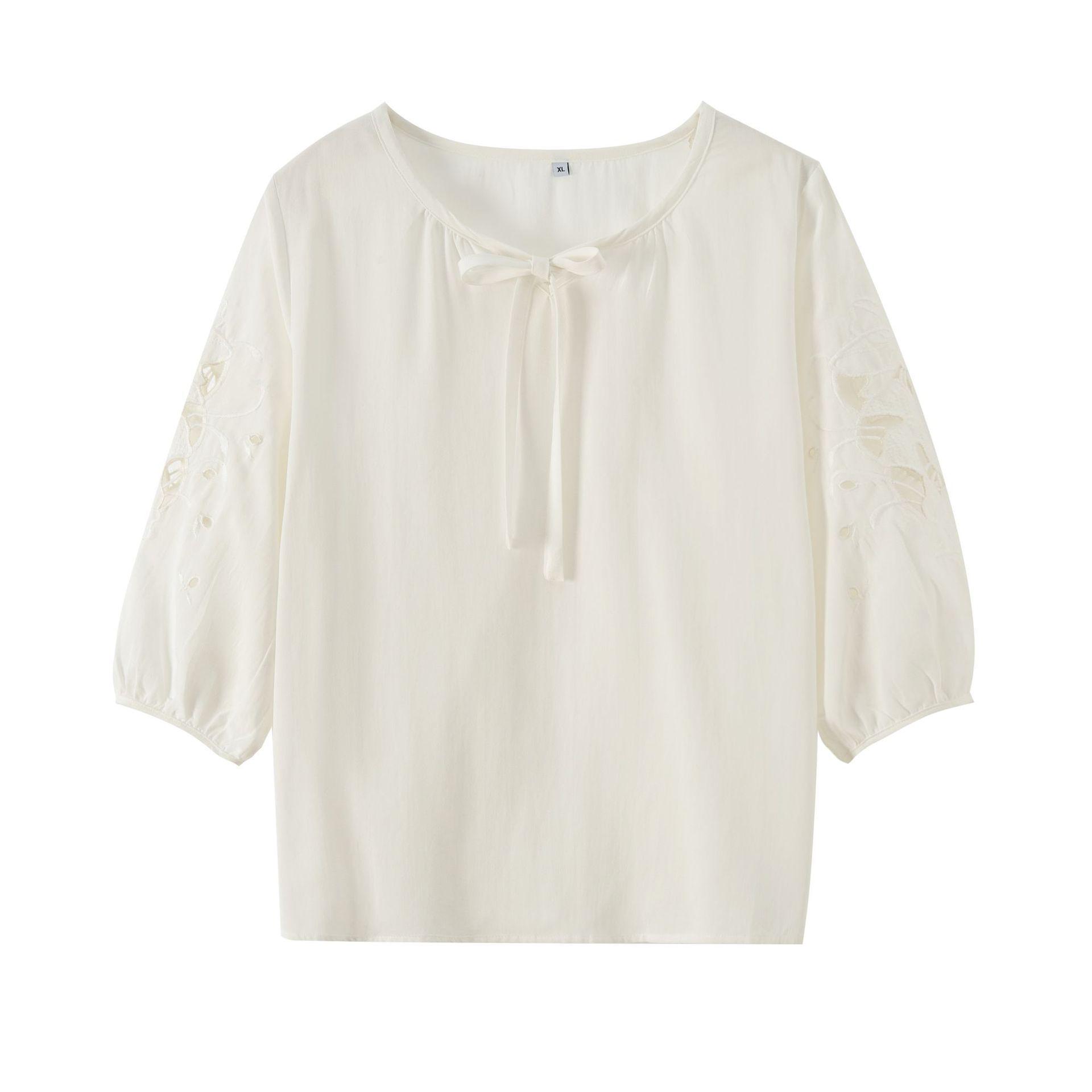 

Zhi Xuan Plus Size Women s 3D Embroidered Lace-Up Summer Shirt 5XL (110-130 kg) брудно-білий