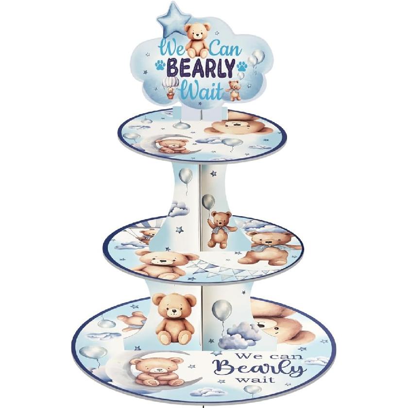 Wooden 3 Tier Cupcake Stand, Wood Style Cake Stand for Party Decorations Baby Shower Decoration, Enchanted Forest Safari Birthday Cupcake Decorations