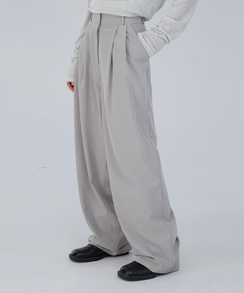 CHICKS Airy Double-Pleat Wide Slacks Light Gray