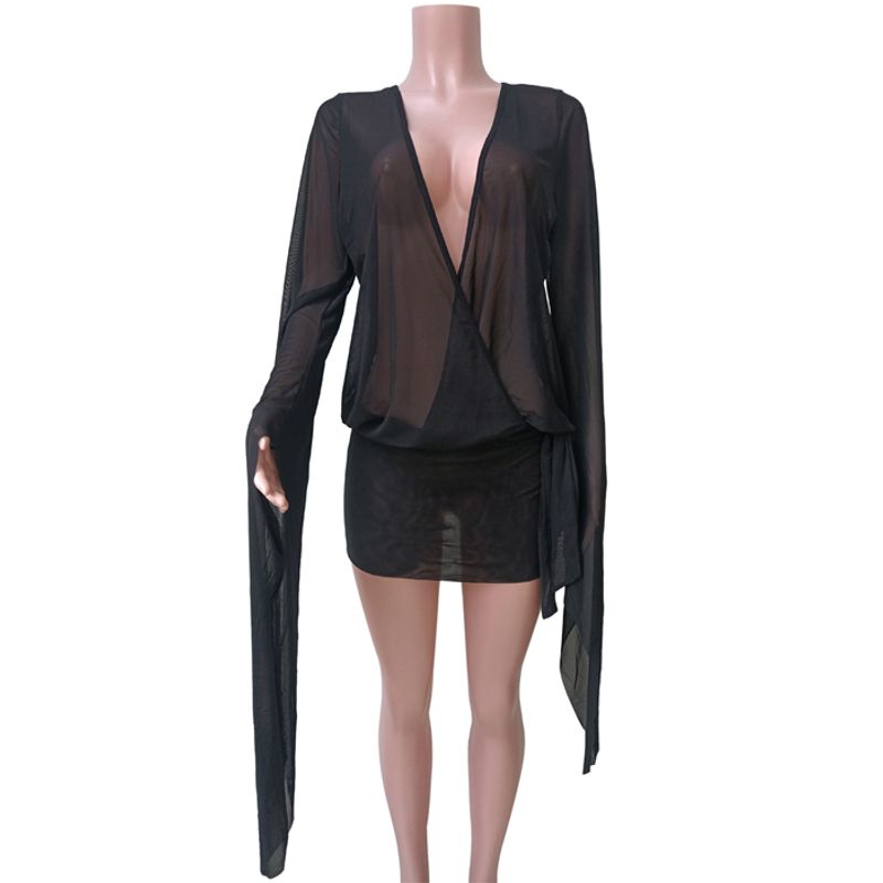 

European and American Sexy Mesh Perspective Low Cut Backless Sheath Dress Short dress Sexy Mesh Mini Dress Black S