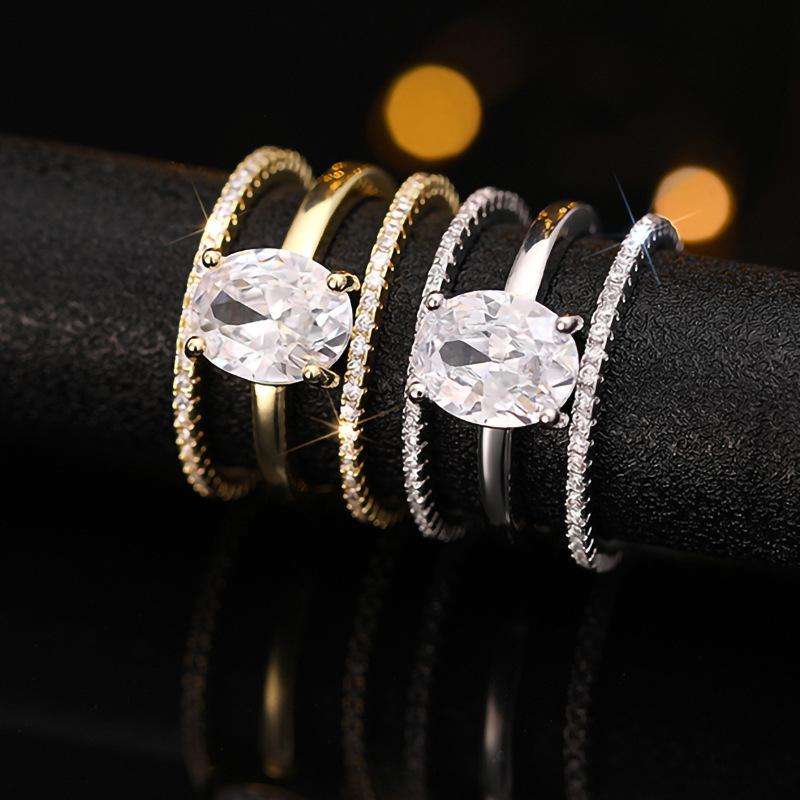 Cao Shi Luxury Four-Prong Oval Zirconia Wedding Ring Set - Three-Piece Design for Women