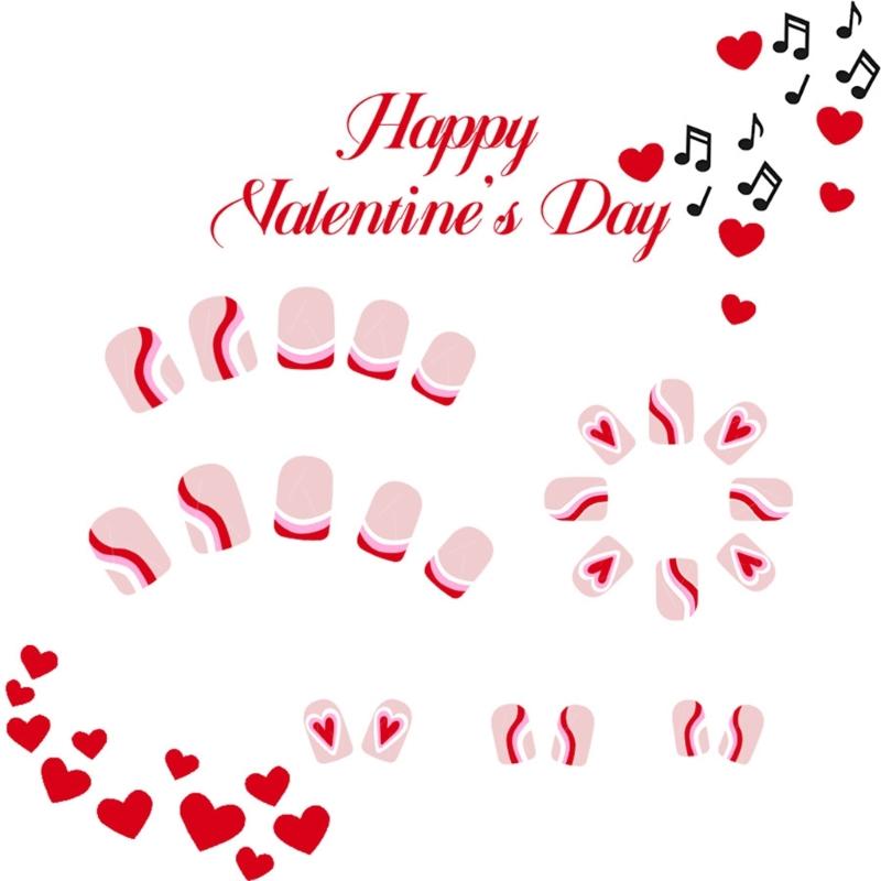 24 Pcs Valentines Day Press On Nail Short Square Festival False Nail Heart Stick on Nail French Tip Acrylic Nail