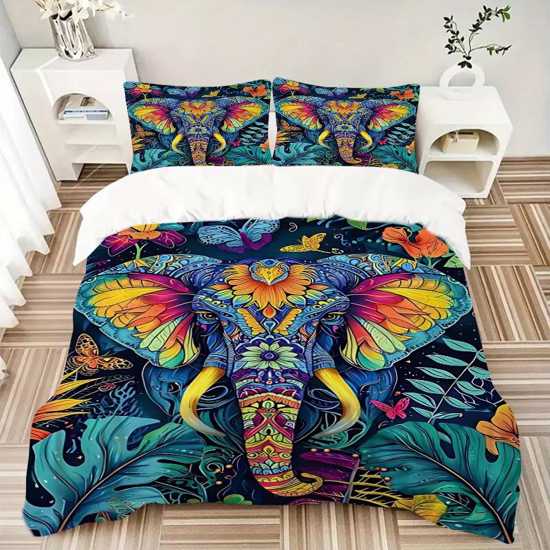 3pcs Colorful Elephant Tapestry with Butterflies Bedding Set - Festival Gift, Home Decor, Anime Design for Bedroom and Guest Room Decoration (Includes
