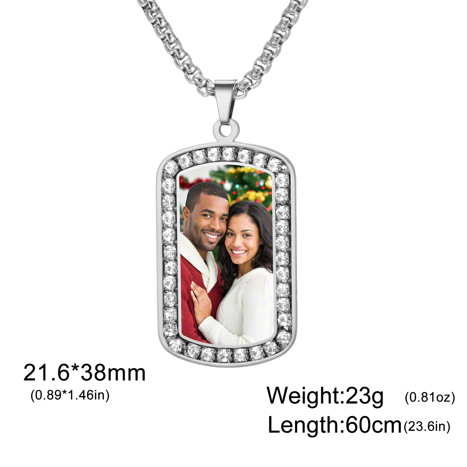 Customized color printed photo necklace rounded square pendant necklace stainless steel inlaid with rhinestones couple jewelry 60cm