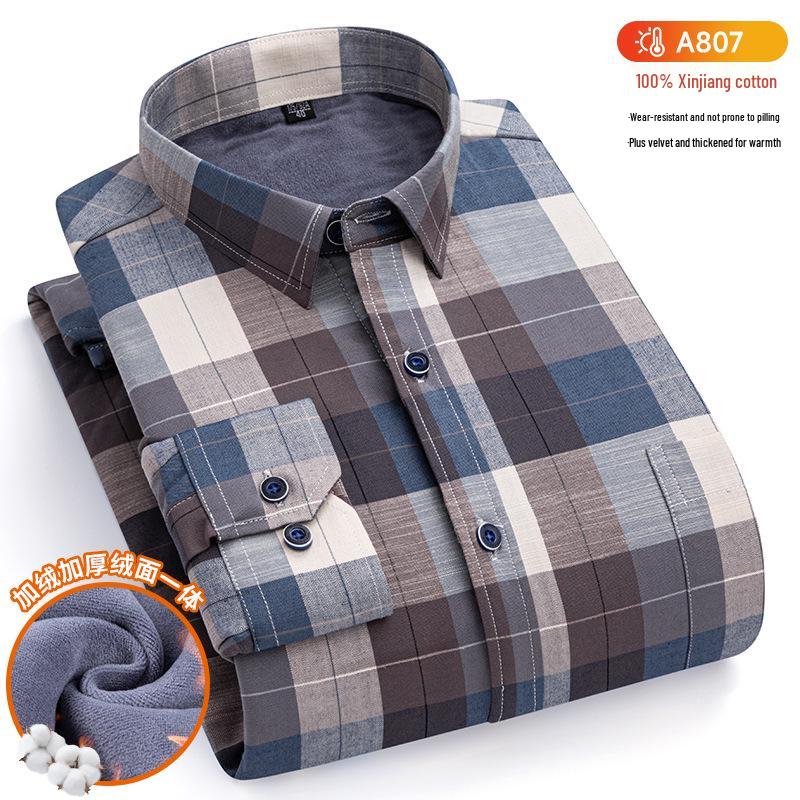 New Plus Size Velvet-Lined Men's Pure Cotton Plaid Shirt - Warm, Thickened for Autumn/Winter Cold Protection
